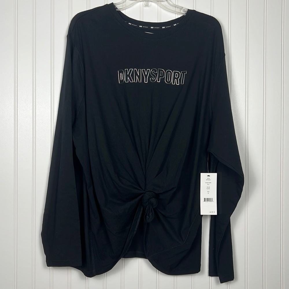DKNY SPORT Black Long Sleeve Cotton Cinch Knot front Tee Size 2X
